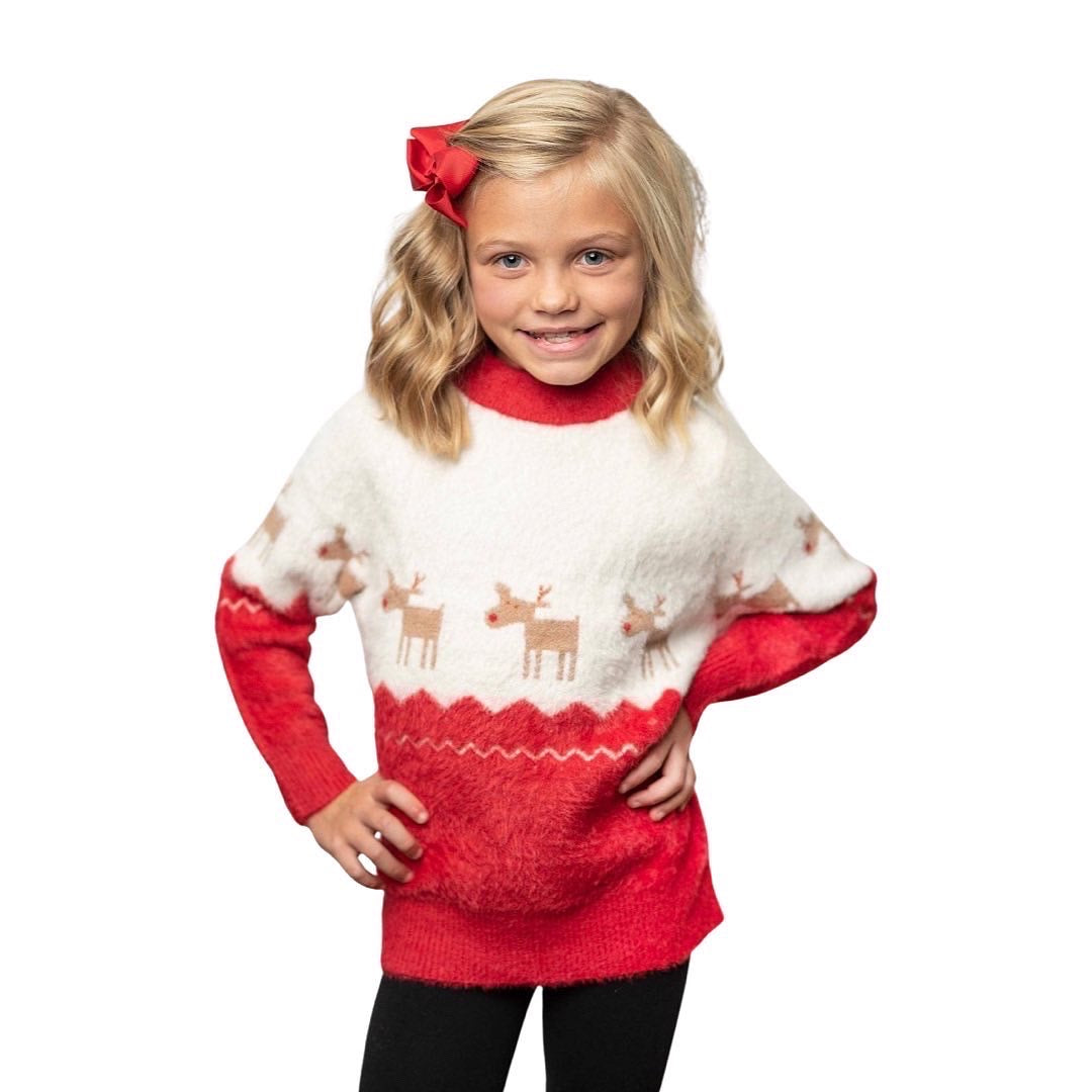 Kids Fuzzy Soft Christmas Holiday Reindeer Crew Neck Sweater